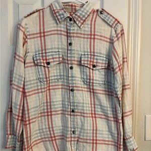 Current/Eliott vintage plaid button-up shirt in white blue and coral plaid Sz 0